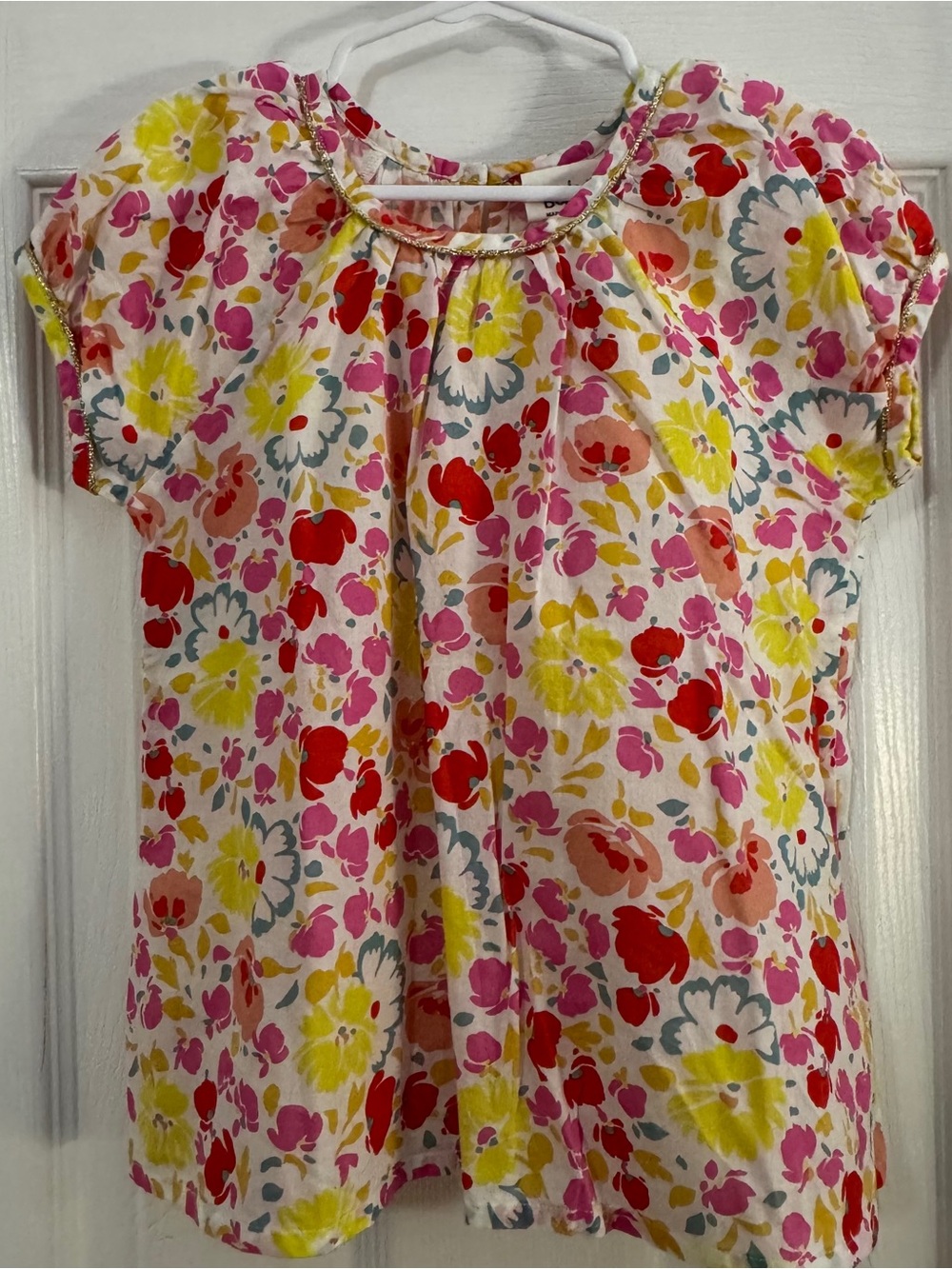 Mini Boden Girl Floral Short Sleeve Top in Pink, Yellow & Red with Gold Trim
